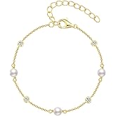 Sterling Silver Pearl Bracelet for Women, Trendy 14k Gold Plated Silver Dainty Pearl Beaded Bracelets Adjustable, Birthday Wedding Bridesmaid Bride Jewelry Gifts for Women Her