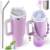 Sanilinwild 40 oz Tumbler Insulated Mug w/Straw & Flip Cap Lids - Cup Holder Bottle with 6 Accessories Set for Hot, Cold Drink - Leak-Proof - Water, Coffee Portable Travel Mug (Lupine Purple)