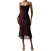 Verdusa Women's Floral Mesh Bodycon Long Cami Dress Slimming Dress Semi Formal Dresses Holiday Party Outfits