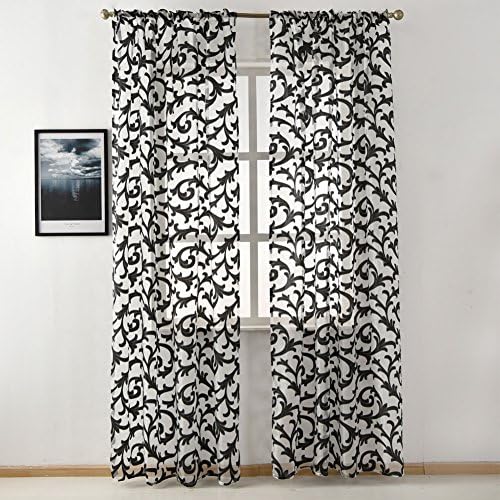 NAPEARL European Style Jacquard Sheer Curtain Organza Fabric Beaded Valance Window Treatment Decoration (Black Tulle Curtain, 46" Wx72 L)