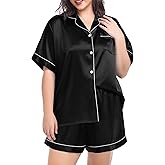 SWOMOG Women's Plus Size Pajama Set Silk Satin Pajamas Button Down Loungewear Short Sleeve Pjs 2 piece Sleepwear 16-28W