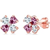 Gem Stone King 18K Rose Gold Plated Silver Sky Blue Aquamarine Pink Tourmaline and White Lab Grown Diamond Earrings For Women | 1.95 Cttw | Gemstone March Birthstone | Heart Shape 4MM