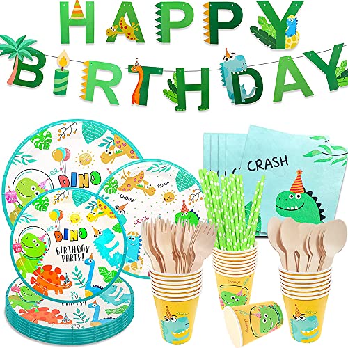 NINEFO Dino Birthday Decoration, 16 Guests Dinosaur Decoration Party Supplies Set Children's Tableware Paper Plates Cups Straws Napkins Banner Boy (Green), (NI-005)