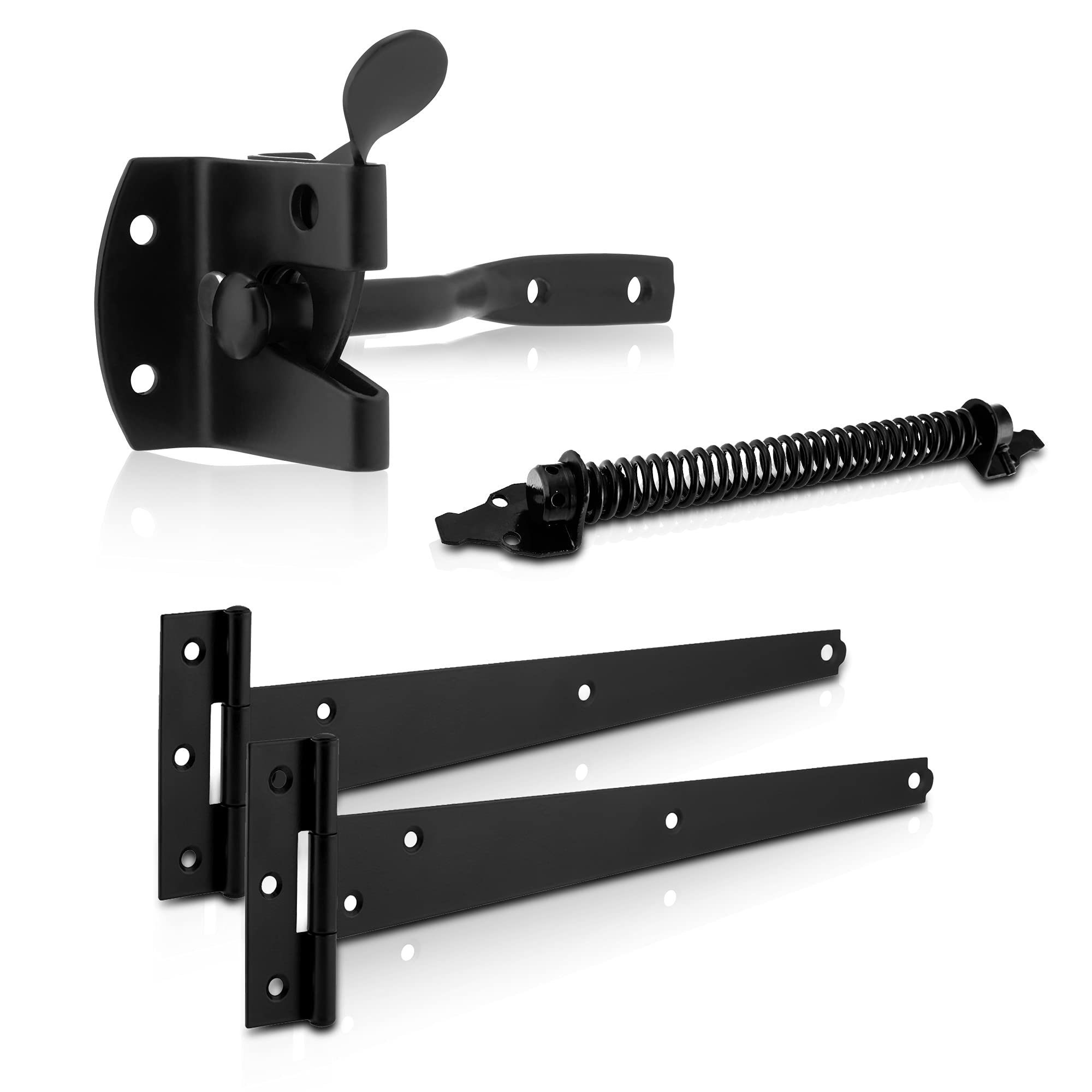 XFORT Premier Auto Gate Latch Black Pack, Complete with 300mm T-Hinges & 8" Gate Spring, Weather Resistant Garden Gate Kit, Auto Gate Latch Set, Gate Fitting Kit Ideal for External Wooden Garden Gates — image 1