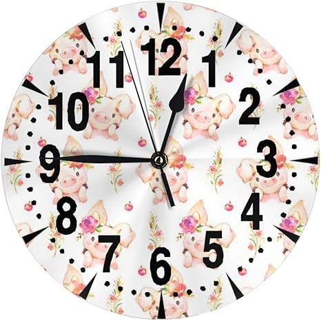 Amazon Co Jp 掛け時計 可愛い豚と花 大文字 連続秒針 静音 壁掛け時計 置き時計 直径25cm ホーム キッチン