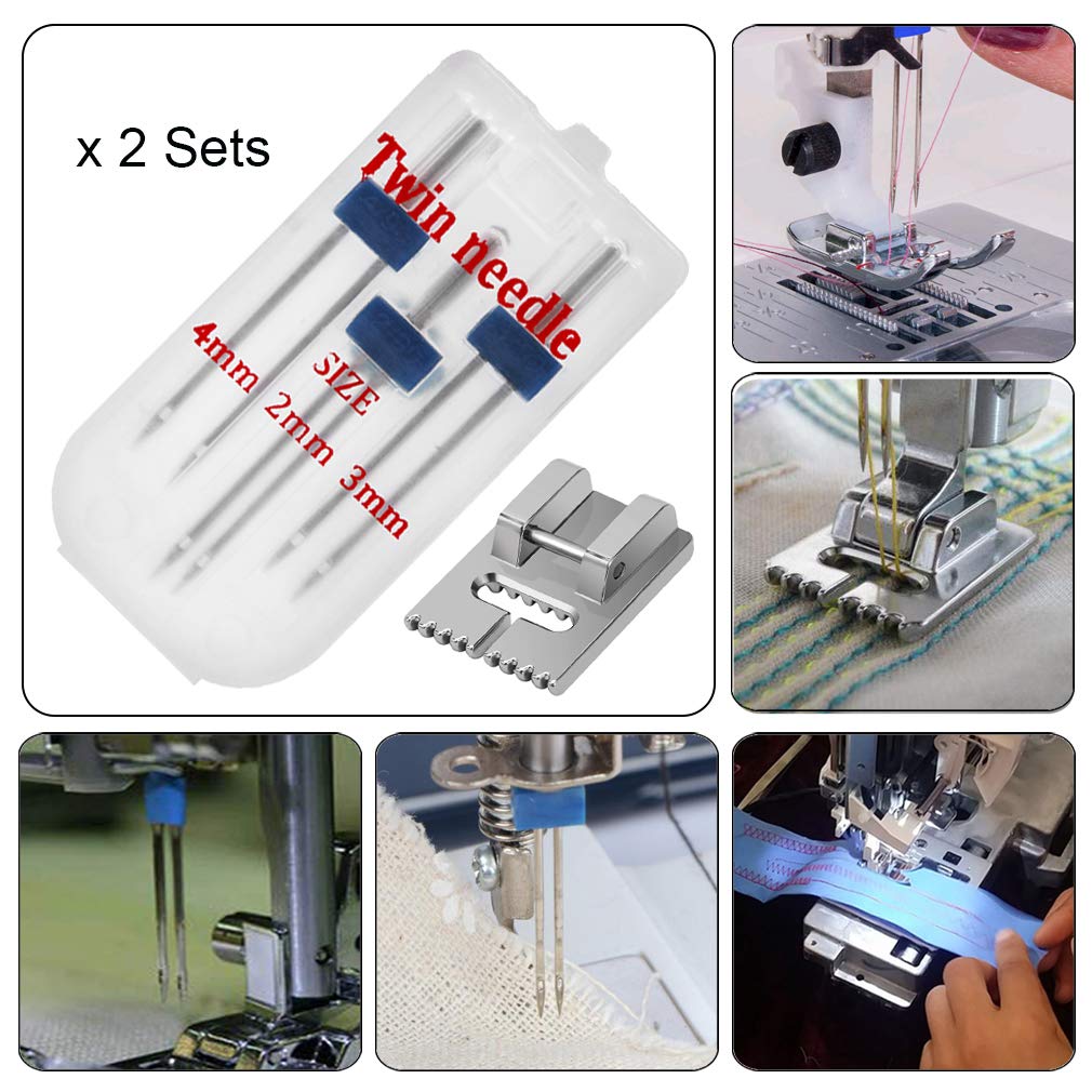 6Pack Twin Needle Double Needle with 2 PCS 9 Groove Pintuck Presser Foot 3 Size 2/90 3/90 4/90 by HOWRIN