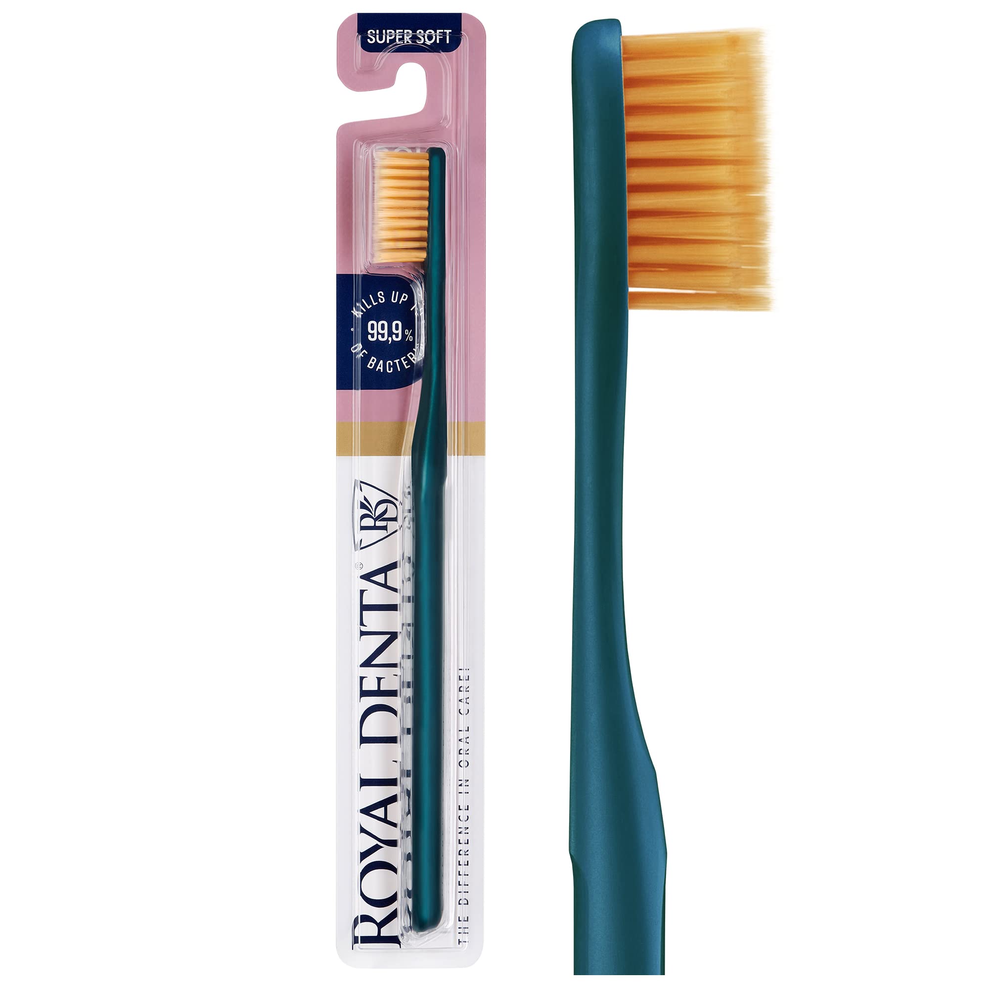Royal Denta Extra Soft Toothbrush for Adults, Soft Bristle Manual Tooth Brush for Sensitive Teeth and Gums with Dual Length Gold Infused Bristles, Made in Korea (Teal)