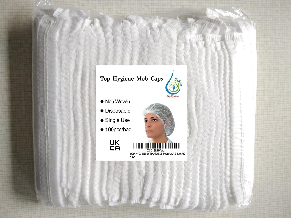 TOP HYGIENE WHITE DISPOSABLE MOB CAPS 100/PK, Catering Hair net Covers, Hygiene Hair Caps with Elastic Stretch Band.