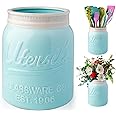 Comfify Wide Mouth Mason Jar Utensil Holder Decorative Kitchenware Organizer Crock, Chip Resistant Ceramic, Dishwasher Safe - Kitchen Caddy Aqua Blue for Countertop, Large Size 7" High