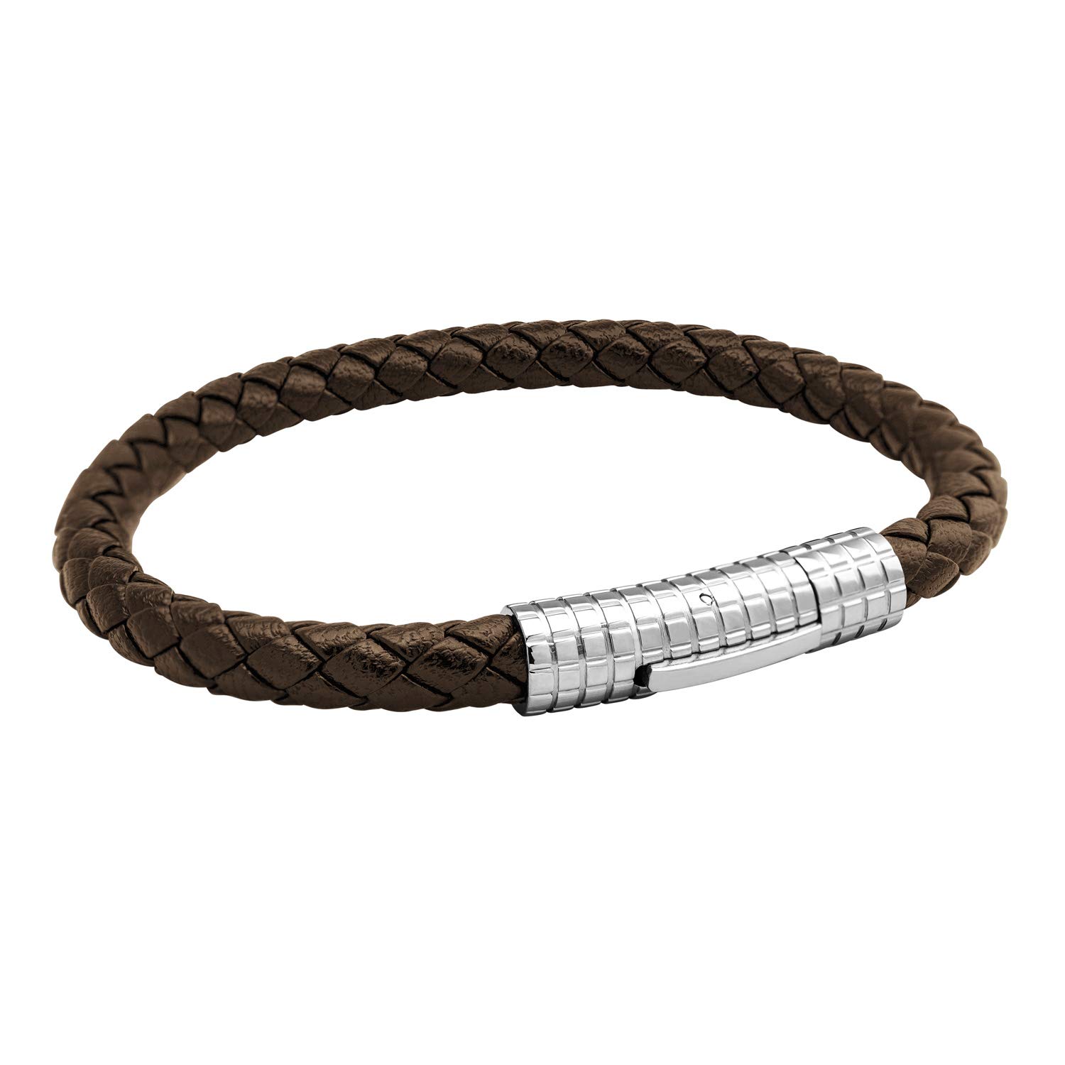555Jewelry Mens Bracelets Leather and Steel Clasp, Braided Brown Leather Bracelets for Men, Mens Leather Bracelet, Men Bracelets, Brown, Silver Clasp, 8.25 Inch