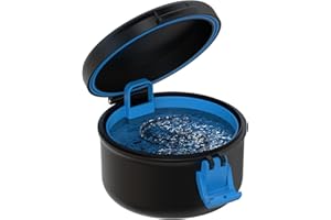 BVN Leak-Proof Denture Bath Cup for Travel, Denture Cup for Soak Dentures, Retainer Cleaning Case with Strainer (Black + Blue)