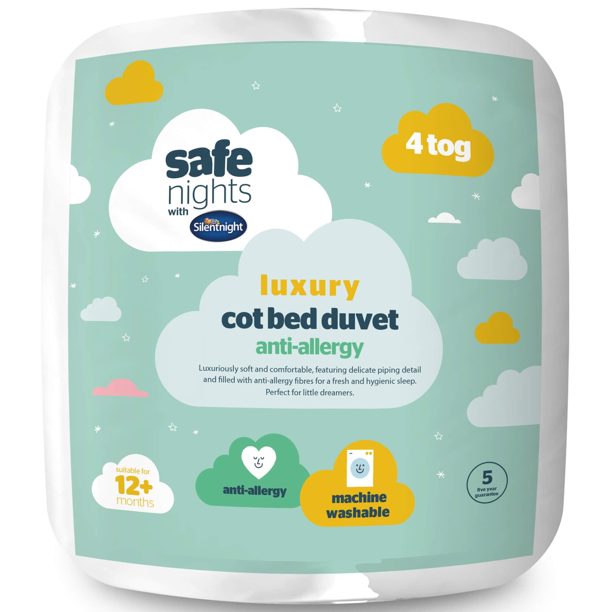 Silentnight Safe Nights Luxury Cot Bed Duvet 4 Tog - Anti Allergy Soft Breathable Snug Warm Nursery Junior Quilt for Children, Kids, Toddlers - Hypoallergenic and Machine Washable - 150x120cm