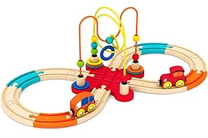 AOMOLA Toddler Wooden Train Set with Bead Maze - Track Set, Educational Toys for Ages 1-3, Includes 2 Mini Cars- Fine Motor Skills - Gift for Boys & Girls