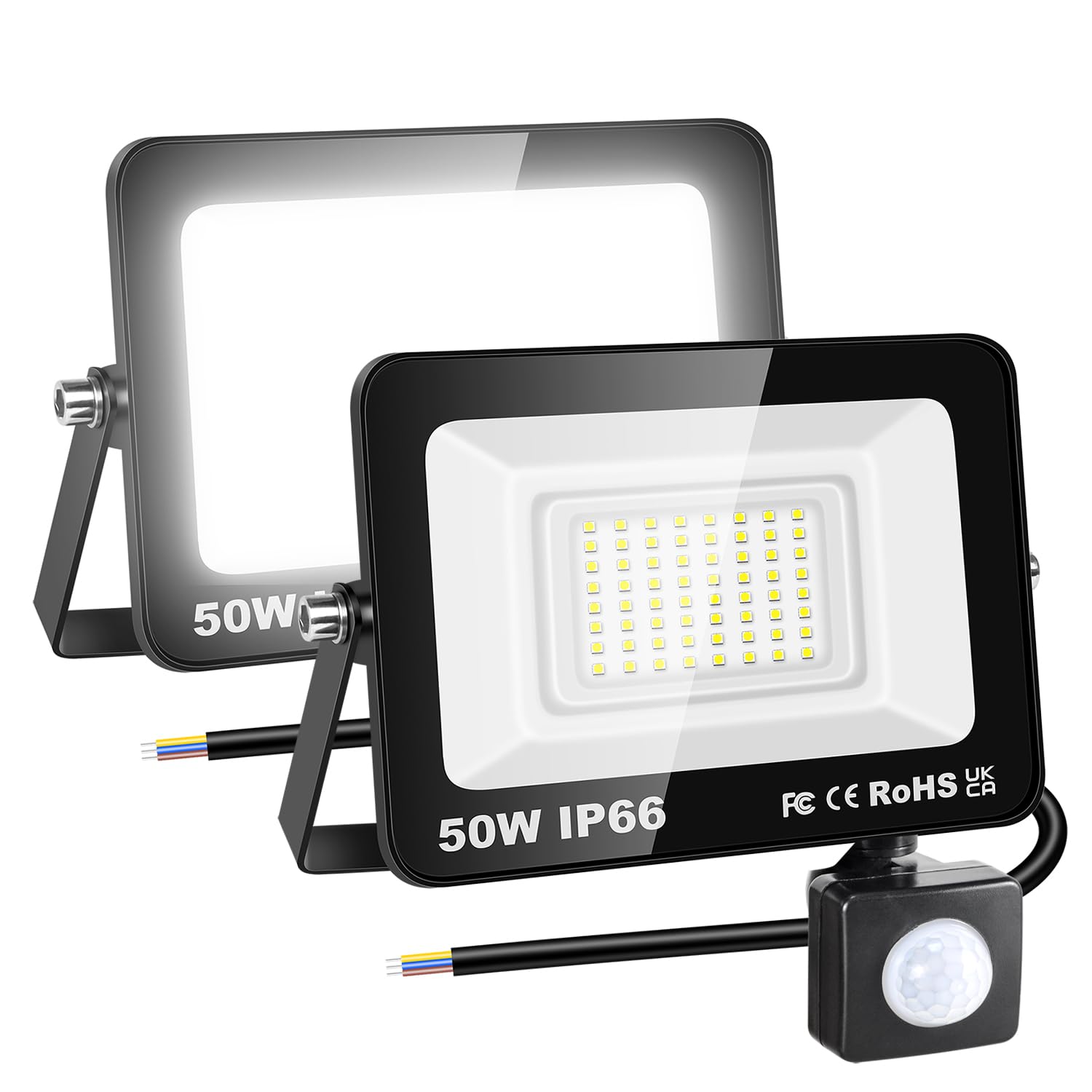 RIGIDON 2 Pcs PIR Motion Sensor Outdoor Floodlight, 50W 5000 Lumens Outside Led Work Light, Daylight Cold White Wall Light for Garden Garage Backyard Patio Lawn House Doorway, IP66 Waterproof 6000K