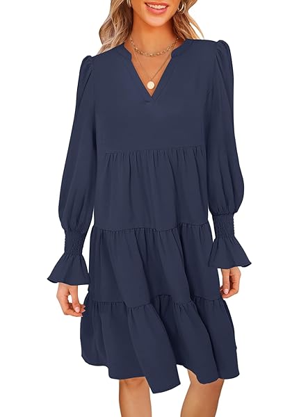 MEROKEETY WOMEN'S 2024 LONG SLEEVE MIDI DRESS V NECK FLOWY SWING RUFFLE  TIERED FALL CASUAL DRESSES, NAVY, S - Korting Discount Outlet