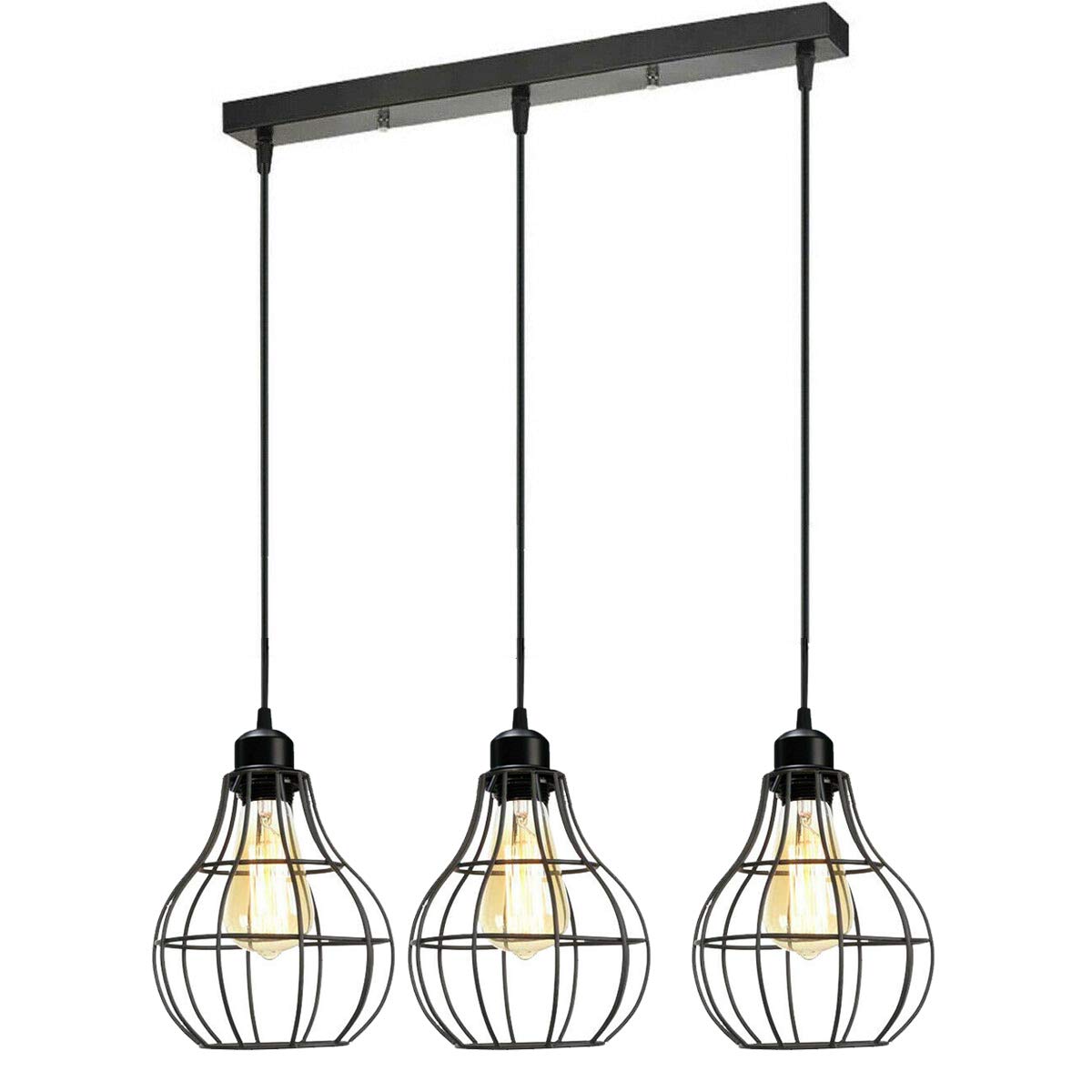 LEDSone Vintage Retro 3 Way Ceiling Pendant Light Cluster Light Fitting Black Diamond Shaped Wire Cage Lampshades, UK E27 Holder Lighting Kit (Black, Vase)