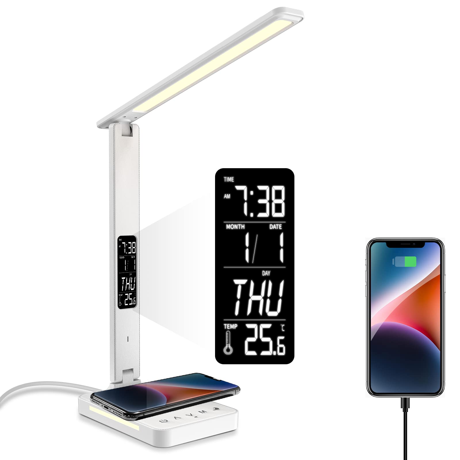 Desk Lamp, LED Desk Lamp with Wireless Charger, USB Charging Port, Table Lamp with Night Light, Desk Lights with Clock, Alarm, Date and Temperature, White