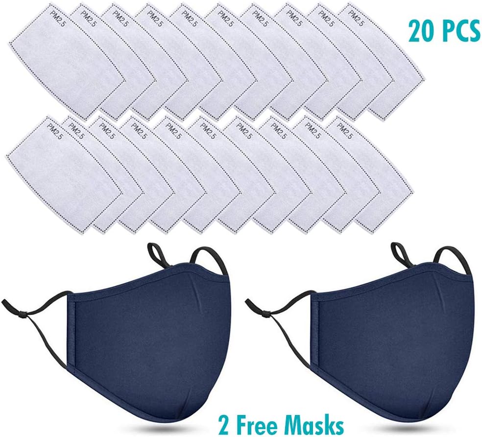 OUBA 20 Pcs Activated Carbon Filters Meltblown Non-Woven Cloth 5 Layers Filters, 2 Pack Free (Navy Blue) for Women Mens Children Black Cotton Adjustable Reusable Breathing Anti Dust