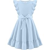 Arshiner Girls Spring Summer Dresses Flutter Sleeve A-line with Belted Pockets Casual Party Dress for Kids 6-16 Years