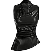 MakeMeChic Women's PU Leather Tank Top Mock Neck Y2k Ruched Party Sleeveless Leather Tops