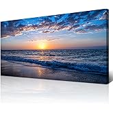 Wapluam Large Canvas Wall Art Sunset Beach Painting Picture Print on Canvas Framed Wall Art for Living Room Wall Decor for Bedroom Modern Coastal Landscape Room Decorations Artwork 60x30 Ready to Hang