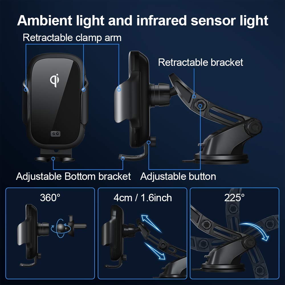 bedee Wireless Car Charger Mount, 15W Fast Qi Wireless Car Charger IR Sensor Automatic Clamping Phone Holder Car Vent Mount Compatible with iPhone 8/8+/X/XS/XS Max/XR/11, Galaxy s9/s9+/s8/s8+/S7