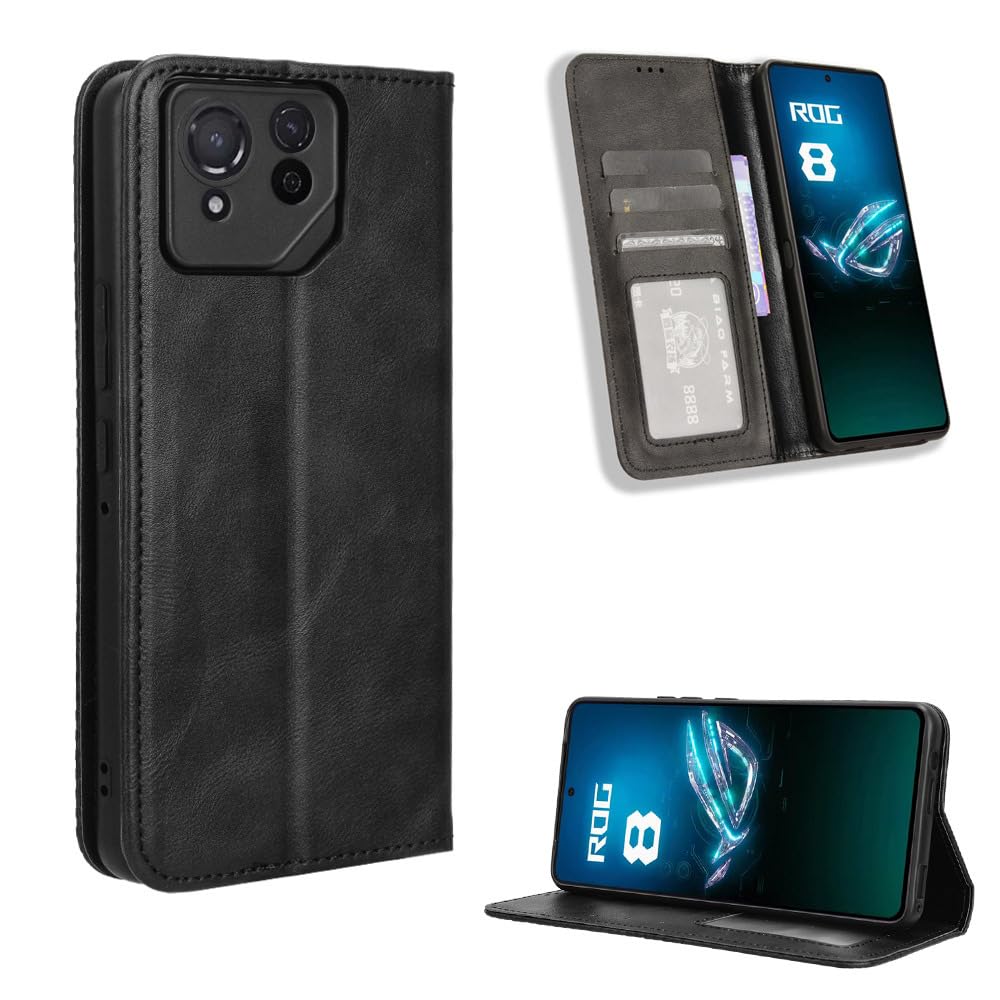 COMAKU Compatible with Asus ROG Phone 8 Pro Case Leather - Flip Cover Protection magnetic Phone Case wallet with Card Holder - Black