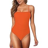 Buauty Women's One Piece Swimsuits Ruched Slimming Bathing Suits Square Neck Adjustable Spaghetti Straps Swimwear Orange