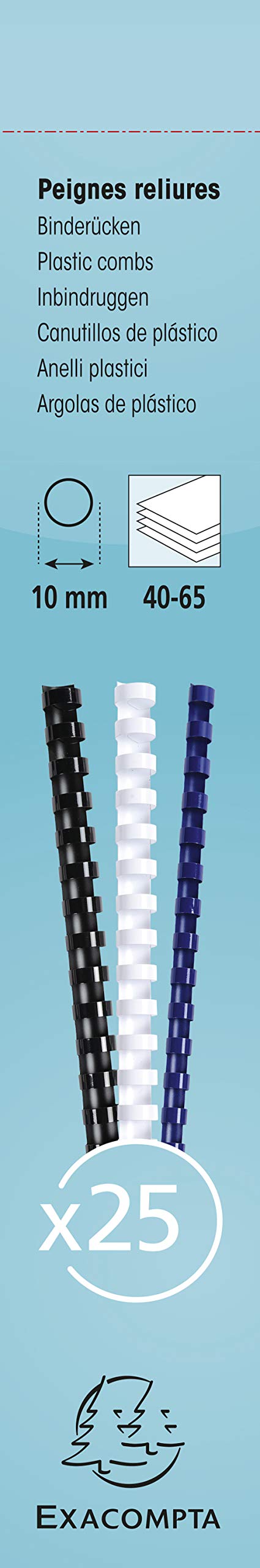 Exacompta - Ref 76300E - Binding Combs - 10mm Thick, 21 Rings, Suitable for A4 Documents, Holds Approx. 40-65 Sheets, Made from PVC Material - White (Pack of 25)