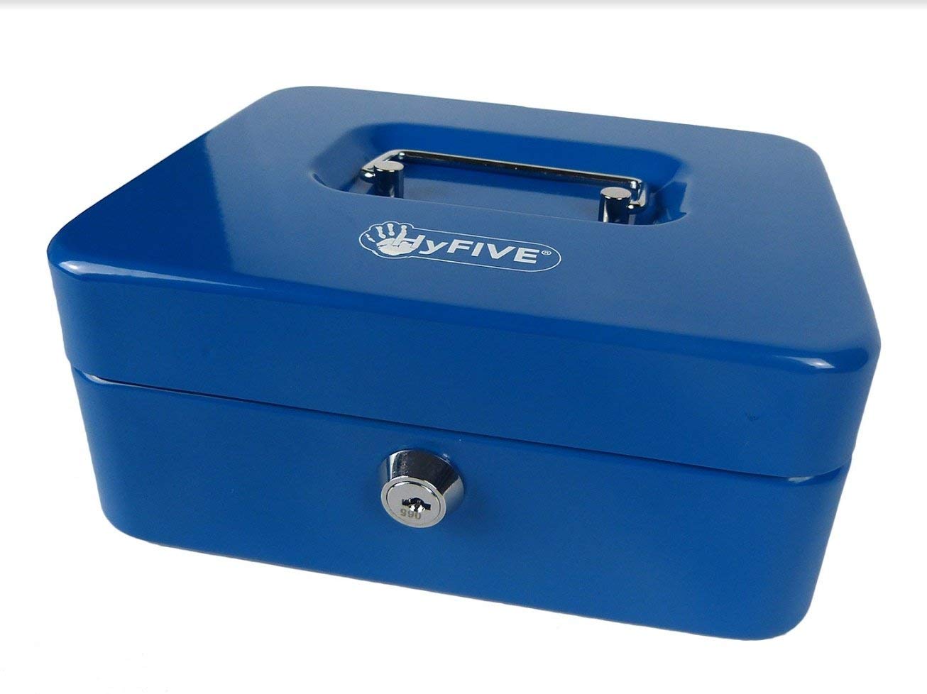 Hyfive® Petty Cash Box 8" 200mm Supplied With 2 Keys and Removable Change Tray, Perfect Secure Storage For Loose Change, Blue Metal Cash Box