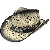 TUREVIEW Western Woven Straw Hat Cowboy Cowgirl Printed Hat Round Up Sun Hat with Windproof for Men and Women