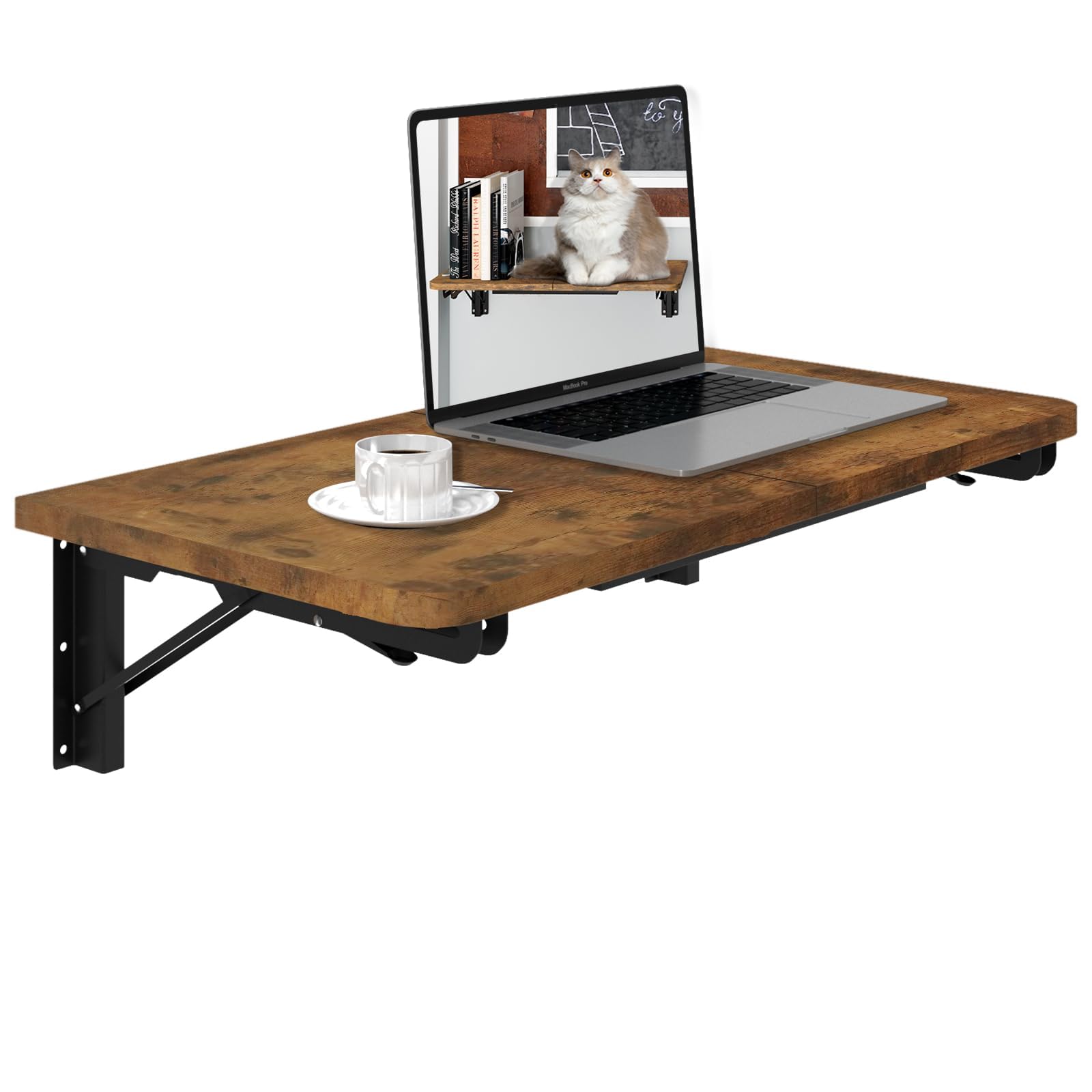 Photo 1 of TEAMIX Wall Mounted Folding Table, Rustic Brown Floating Wall Desk for Small Spaces, Drop Leaf Dining Table for Kitchen Fold Down Laundry Shelf with Heavy-Duty Brackets