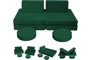 MeMoreCool 8-Piece Kids Play Couch – Modular Convertible Foam Sofa, Green Creative Playroom Furniture for Toddlers | Fold-Out Design | Machine-Washable Cover