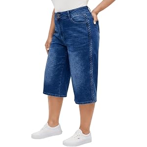 MolyPark Women's Plus Size Wide Leg Capri Jeans with Braided Side Stripe, High Waisted Stretchy Baggy Boyfriend Curvy Jeans