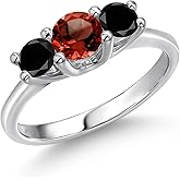 Gem Stone King 14K White Gold Red Garnet & Black Diamond 3-Stone Engagement Ring | 1.09 Cttw | Round 5MM and 4MM | 3 Stone Wedding Anniversary Promise Ring For Women