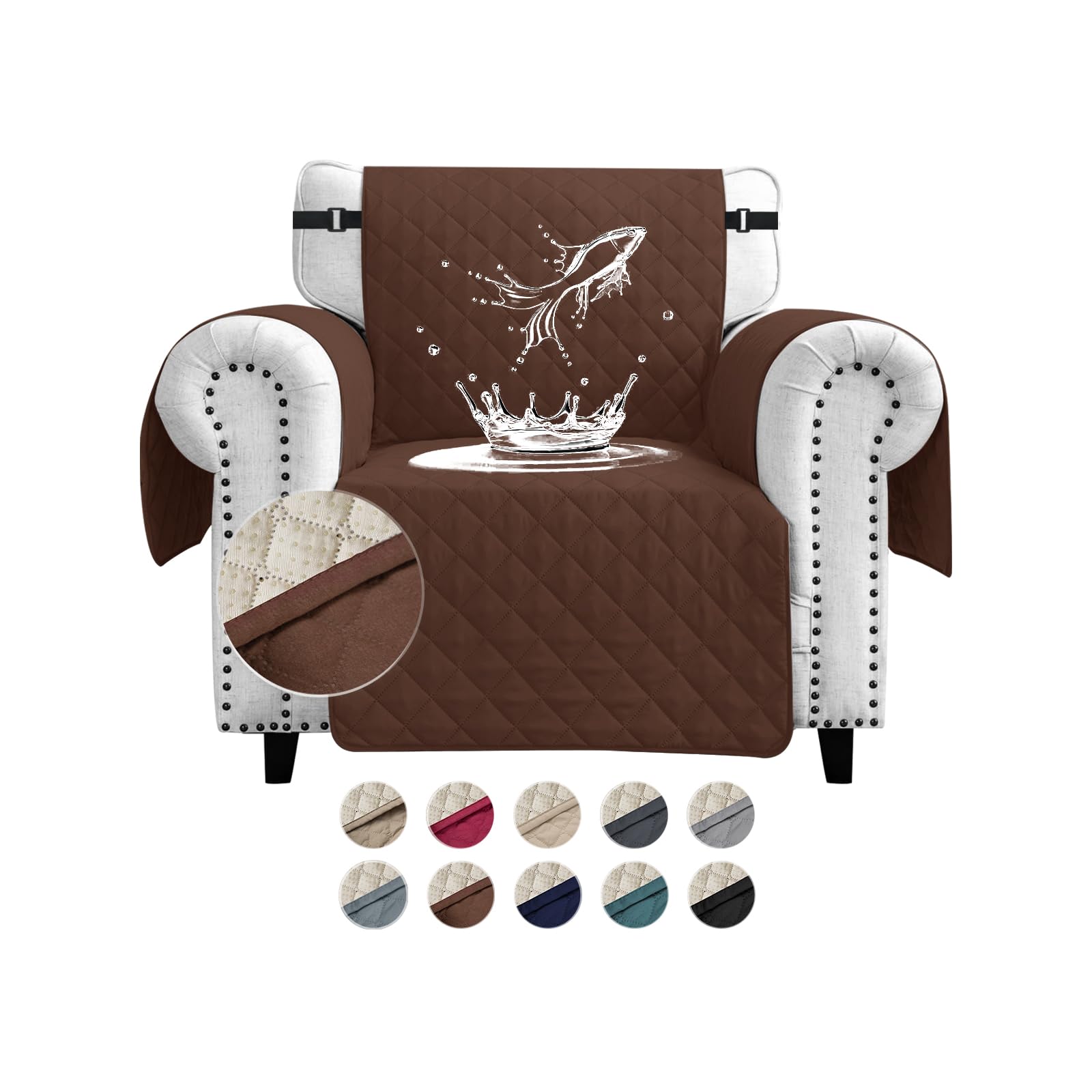 FIGOOO Sofa Covers Water Resistant Sofa Slipcovers 1 Seater Waterproof Anti-Slip Anti-Scratch Sofa Cover with Non Slip Elastic Straps for Dogs Cats Pets,Coffee