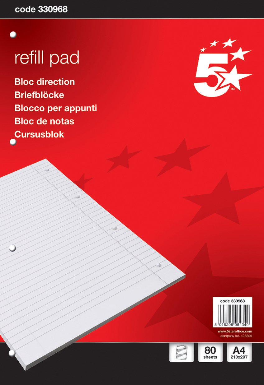 5 Star Office Refill Pad Feint Headbound Ruled with Margin 4-Hole Punched 80 Sheets A4 [Pack 10], White