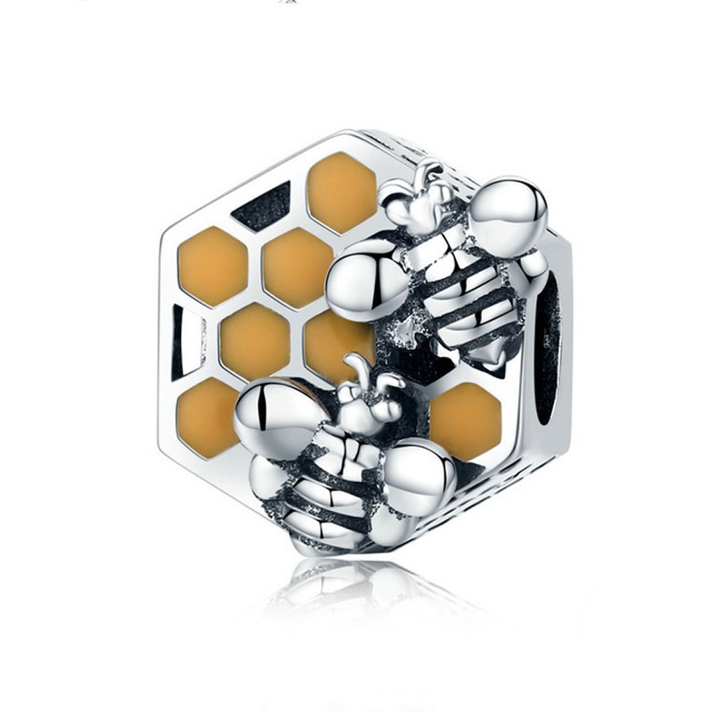 Bee Hive 925 Sterling Silver Honeycomb Honey Bee Square Charm Beads fit Women Bracelet DIY Jewellery Making