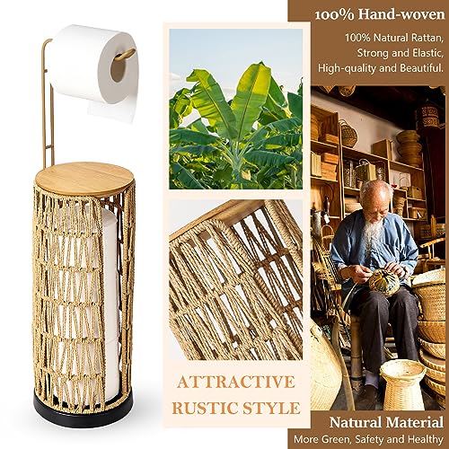 Freestanding Toilet Paper Dispenser Storage with Shelf, Standing Bathroom Toilet Paper Dispenser, Boho Rattan Toilet Paper Storage for 4 Rolls of Toilet Paper