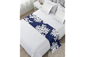 DECORLOVEE Navy Blue Coral Bed Runners for King Size Bed, Decorative Bed Throws for Foot of Bed, Coastal Summer Beach Nautical Seaside Bed Runner Sofa Throw Bedding Scarf Protector Slipcover for Bedroom/Hotel