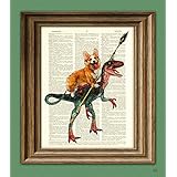 CollageOrama Cavedog the Corgi rides a Velociraptor Dinosaur dog original art vintage dictionary page book art print, 8.5 x 11 Inch
