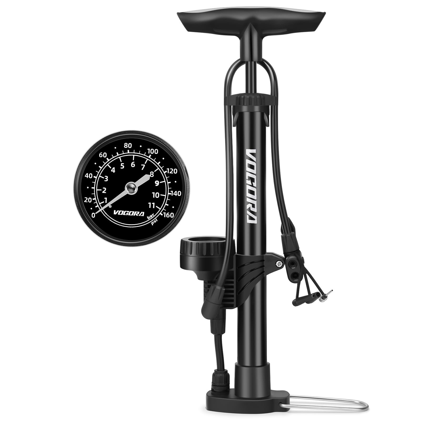 VOGORA Bike Pump with Pressure Gauge, Bicycle Pump with Presta & Schrader Valves Bike Pump for all Bikes, Foot Pump for Car Tyres, Road Mountain Bikes & Balls