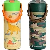 Elemental 100% Leak Proof When Spout is Closed Insulated Kids Water Bottle, Stainless Steel Bottle for School with Straw Lid & Pop-It Handle, Skater Dinos & Green Camo -18oz (2 Pack)