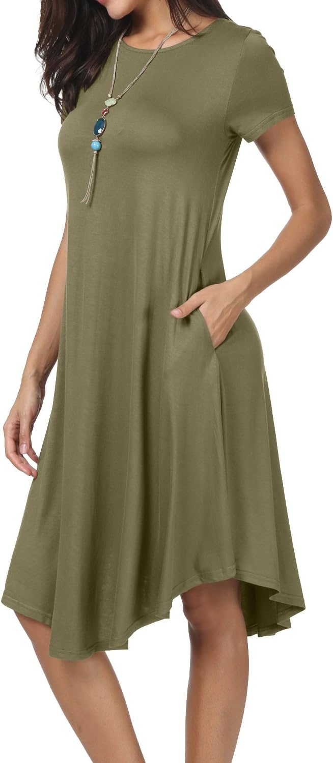 Women's Plain Short Sleeve Loose Swing Casual Midi Dress with Pockects