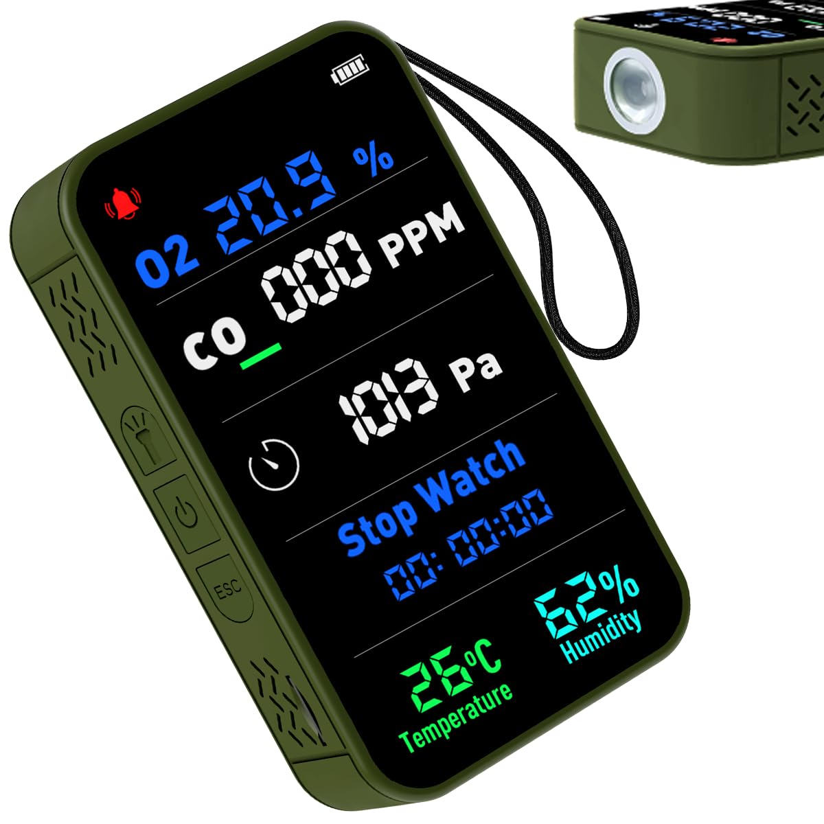 Photo 1 of 7-in-1 Portable Carbon Monoxide Detector for Travel,Carbon Monoxide Detectors Battery Powered,CO Detector with CO,O2,Temperature,Humidity,Illumination,Room Oxygen Monitor for Car,RV,Camping (Green)