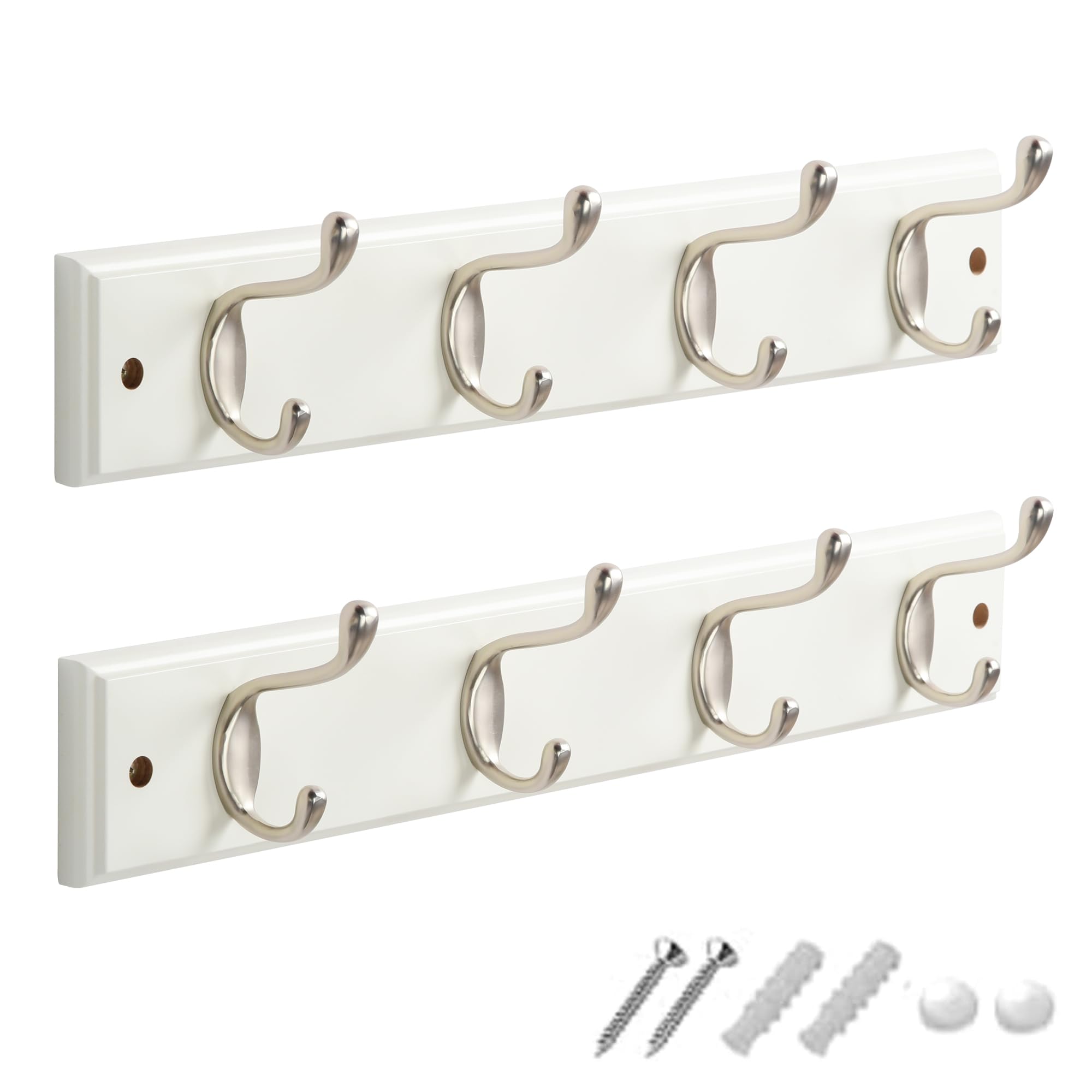 GlazieVault Coat Hooks Wall Mounted - MDF Board Nickel Hook Coat Rack(2 Pack) - Heavy Duty White -Coat Hooks for Wall Clothes Hooks and Wall Hooks