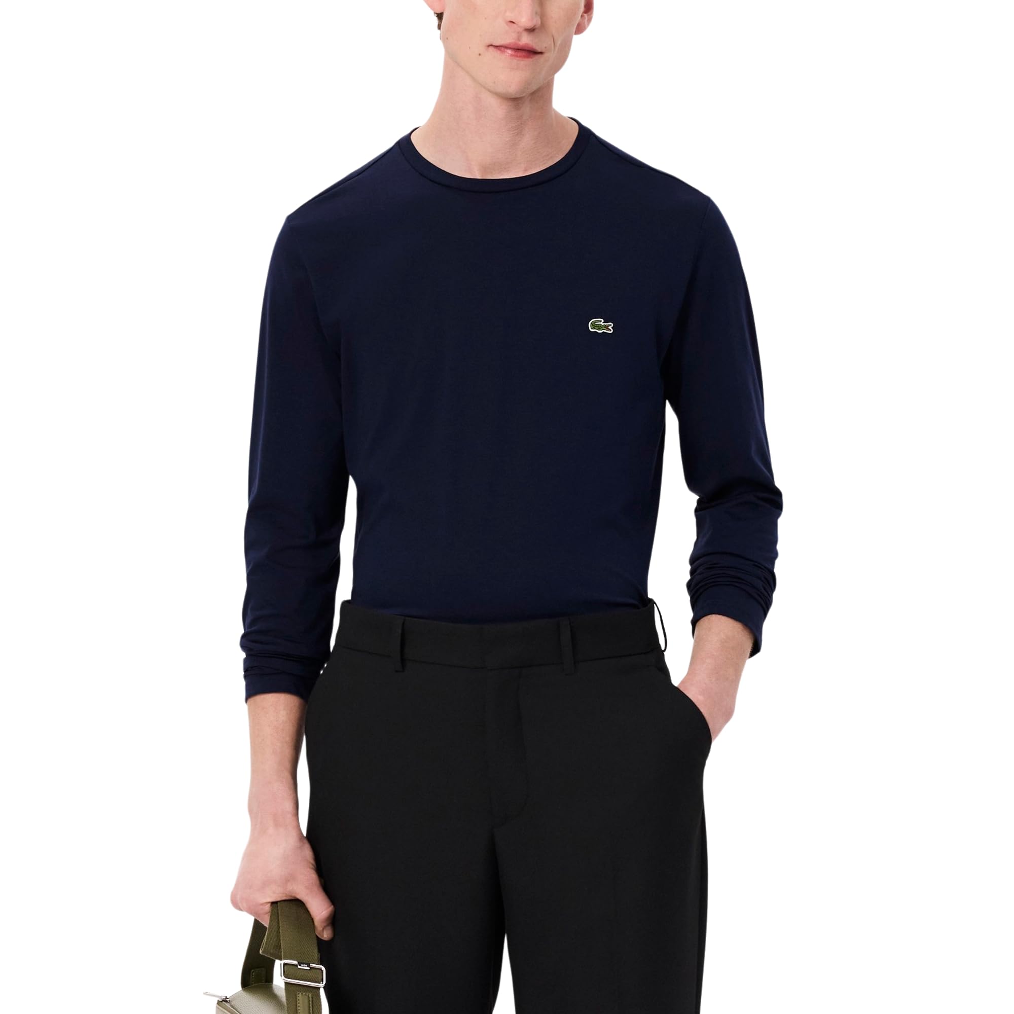 Lacoste Mens Long Sleeve Jersey Pima Regular Fit Crewneck T-Shirt T Shirt, Navy Blue, Large US