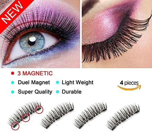 3 Magnetic Eyelashes, 0.2MM Ultra Thin Magnet Eyelashes 3D Fiber Reusable without Glue for Natural Look, Perfect Size For All Women Eyes (1 pair/4 pieces)