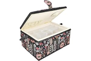 COMFECTO Vintage Black Print Wooden Sewing Basket Organizer, Empty Box With Removable Tray and Built-In Pin Cushion for Supplies, Suitable for Beginners and Experts