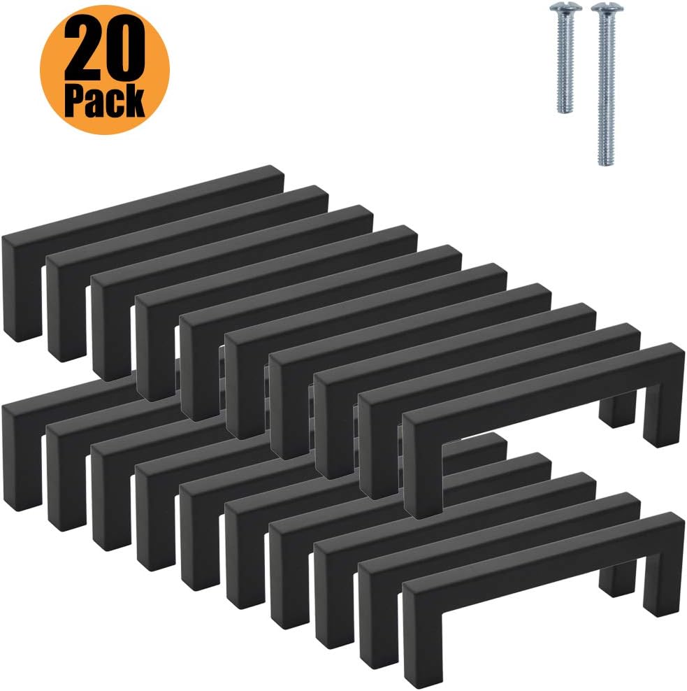 PinLin 20 Pack Cabinet Handles Stainless Steel Bathroom Drawer Cupboard Pulls Hole Centre 96mm Width 12mm Black Square T Bar Handle